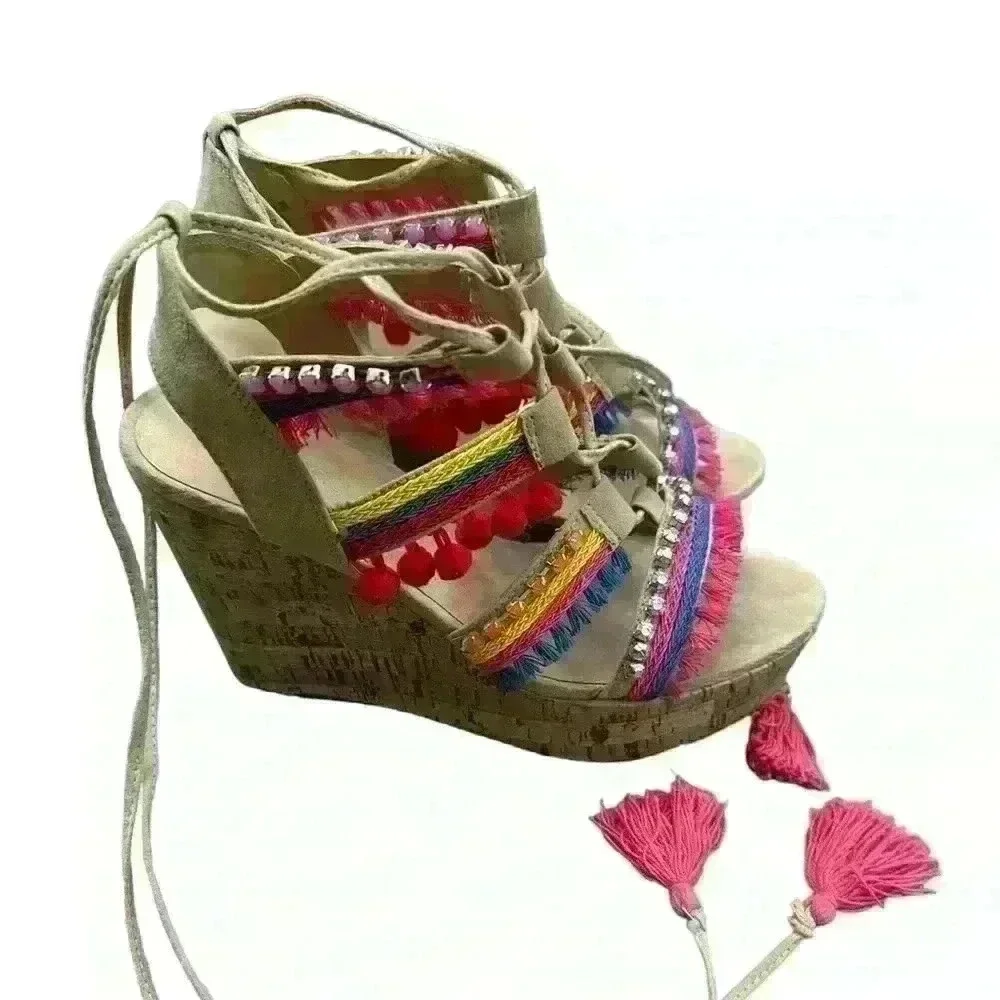 Charlotte Russe embellished Pom Pom WEDGE HEEL LACE UP SANDAL 8